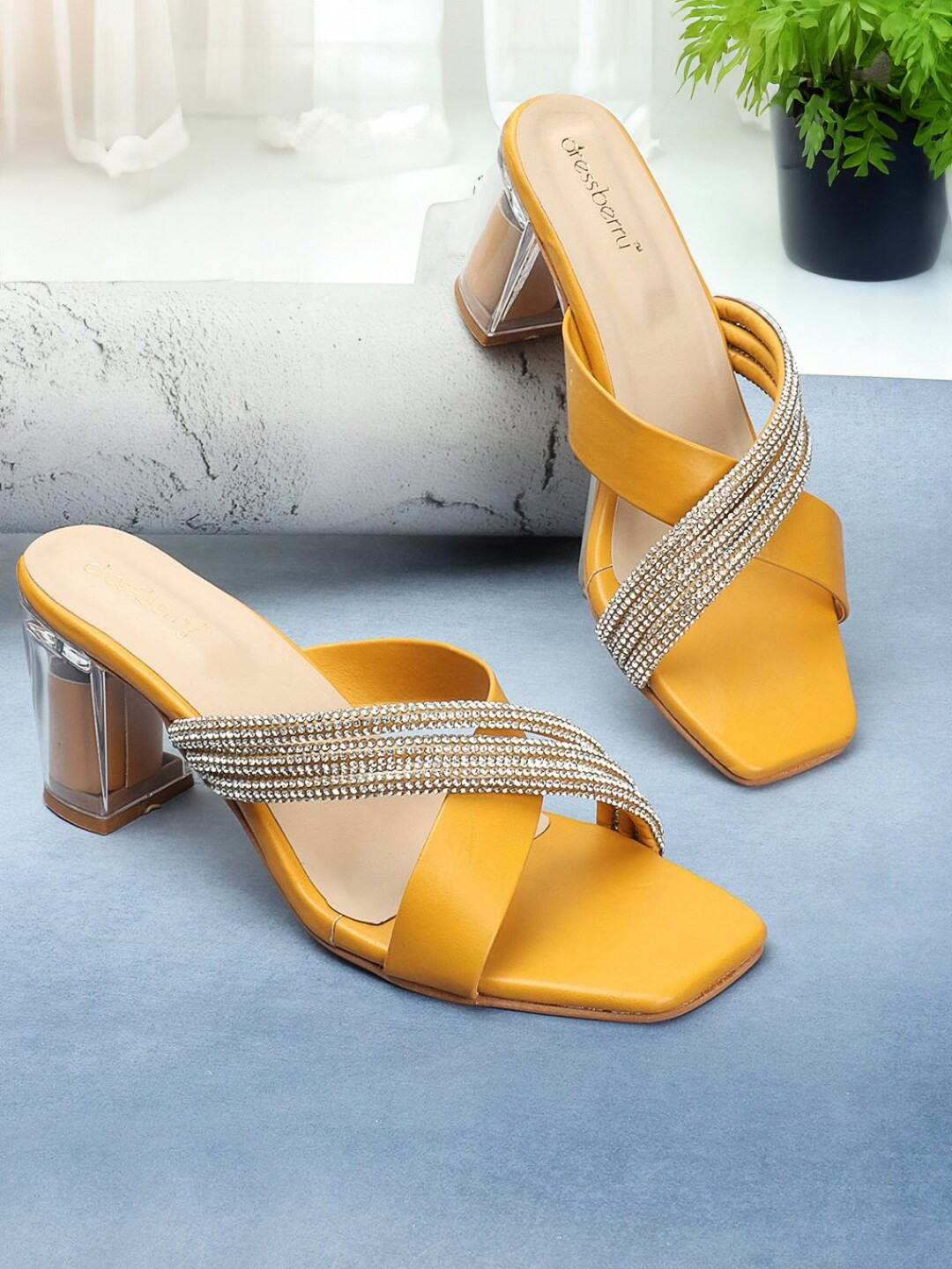 DressBerry Yellow Embellished Open Toe Block Heels