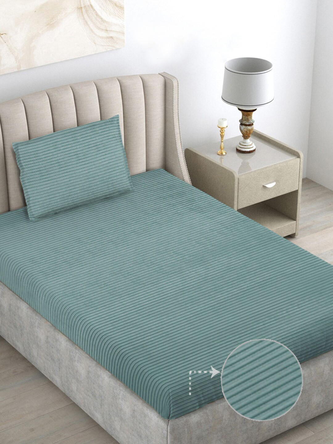 FABINALIV Green Striped 300 TC Woollen Single Bedsheet with Pillow Cover