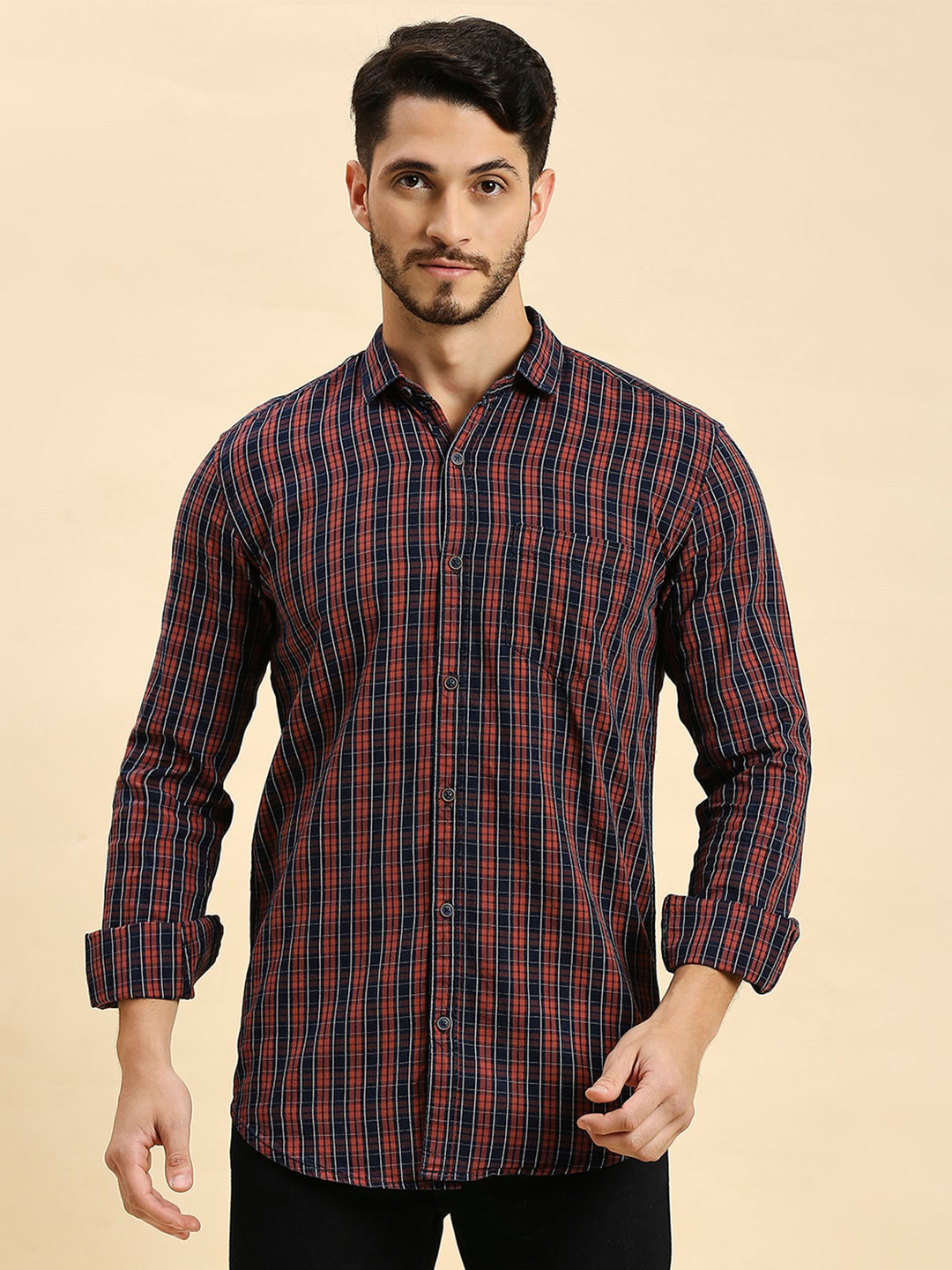 HJ HASASI Spread Collar Cotton Tartan Checked Slim Fit Opaque Casual Shirt