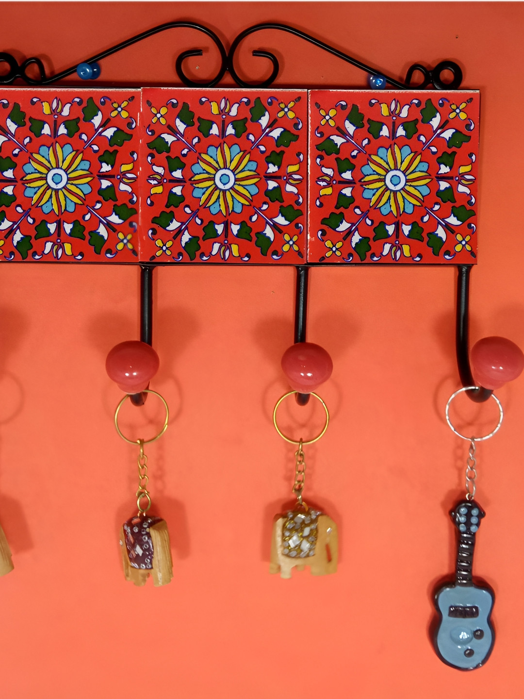 INDIA MEETS INDIA Red & White 4 Hooks Metal Key Holder