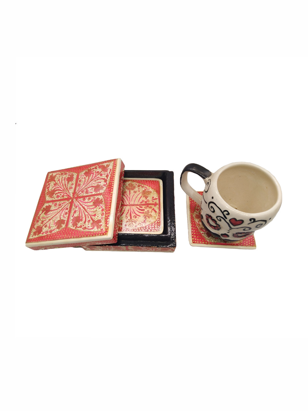 INDIA MEETS INDIA Orange & Gold Toned 6 Pieces Wooden Square Shaped Coasters With Stand