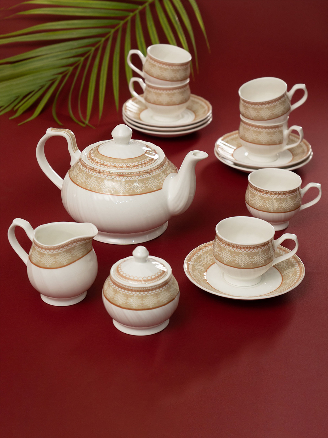 JCPL White & Gold-Toned 15 Pieces Printed Ceramic Glossy Kettle Set