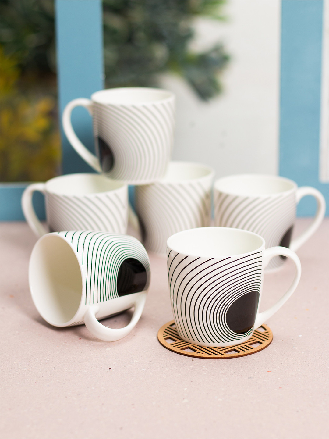 JCPL White & Black 6 Pieces Ceramic Printed Glossy Cups 200 ml