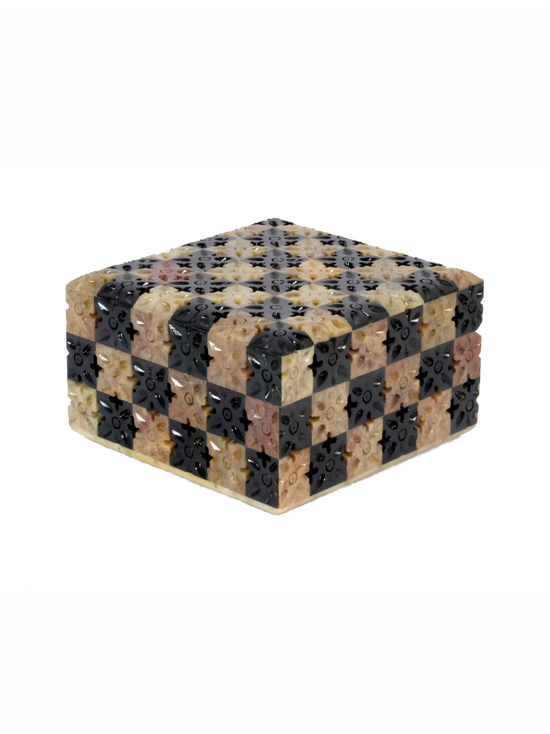 Avinash Handicrafts Beige & Black Reusable Carved Jewellery Box chess style