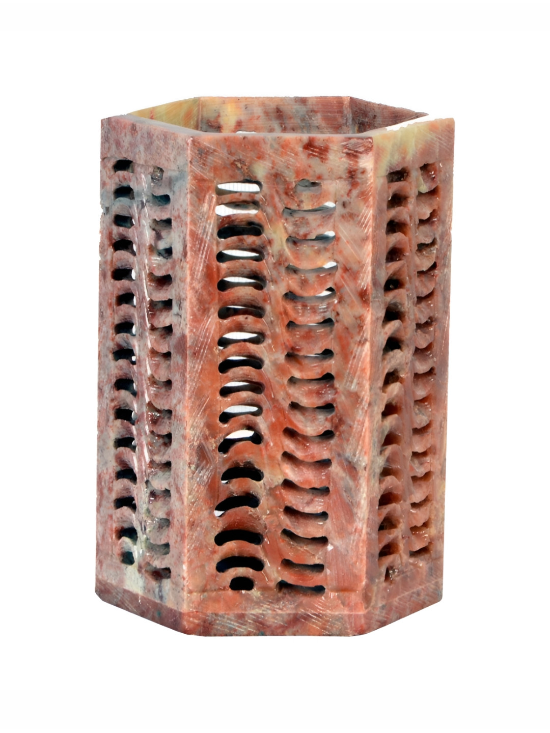 Avinash Handicrafts Brown Reusable Carved Hexagonal Brush Holder