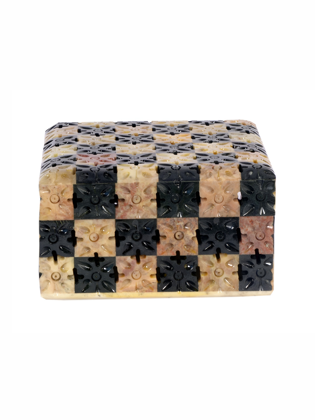 Avinash Handicrafts Beige & Black Reusable Carved Jewellery Box chess style