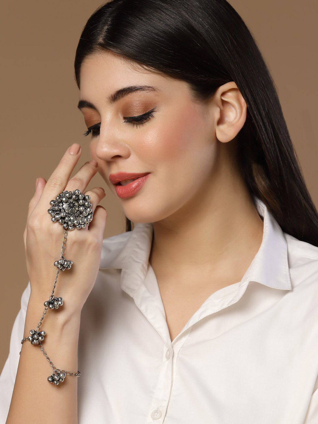 Sanjog Silver-Plated Ghungroo Oxidized Finger Ring Bracelets