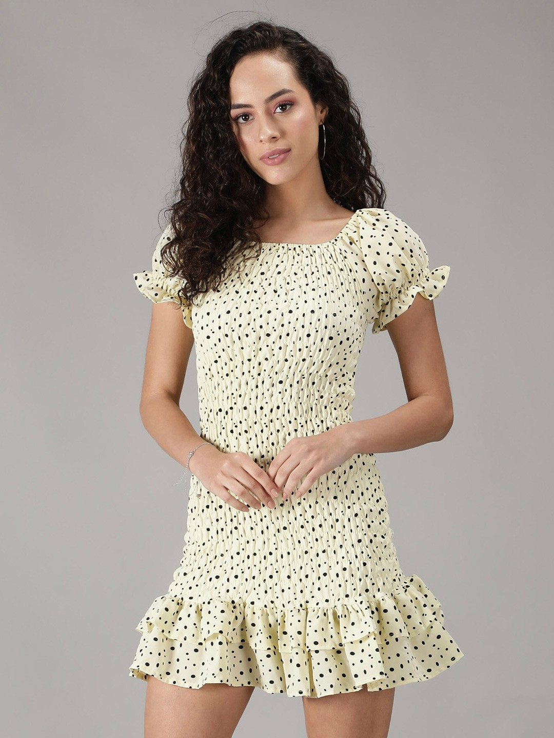 smisingbee Polka Dot Printed Smocked Puff Sleeves Sheath Dress