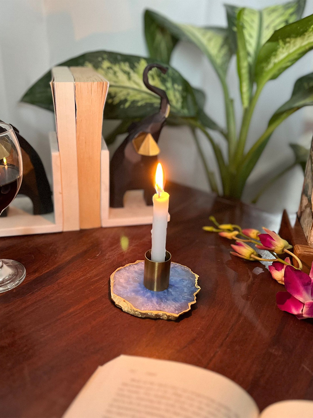 HOMEARTE Blue & Gold Toned Textured Stoneware Candle Holder