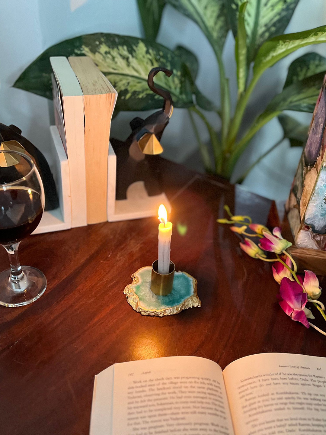 HOMEARTE Green & Silver Toned Textured Stoneware Candle Holder