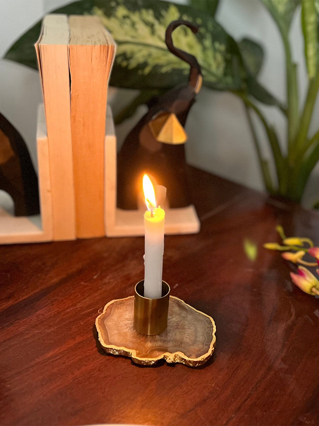 HOMEARTE Brown Stoneware Abstract Shaped Candle Holder