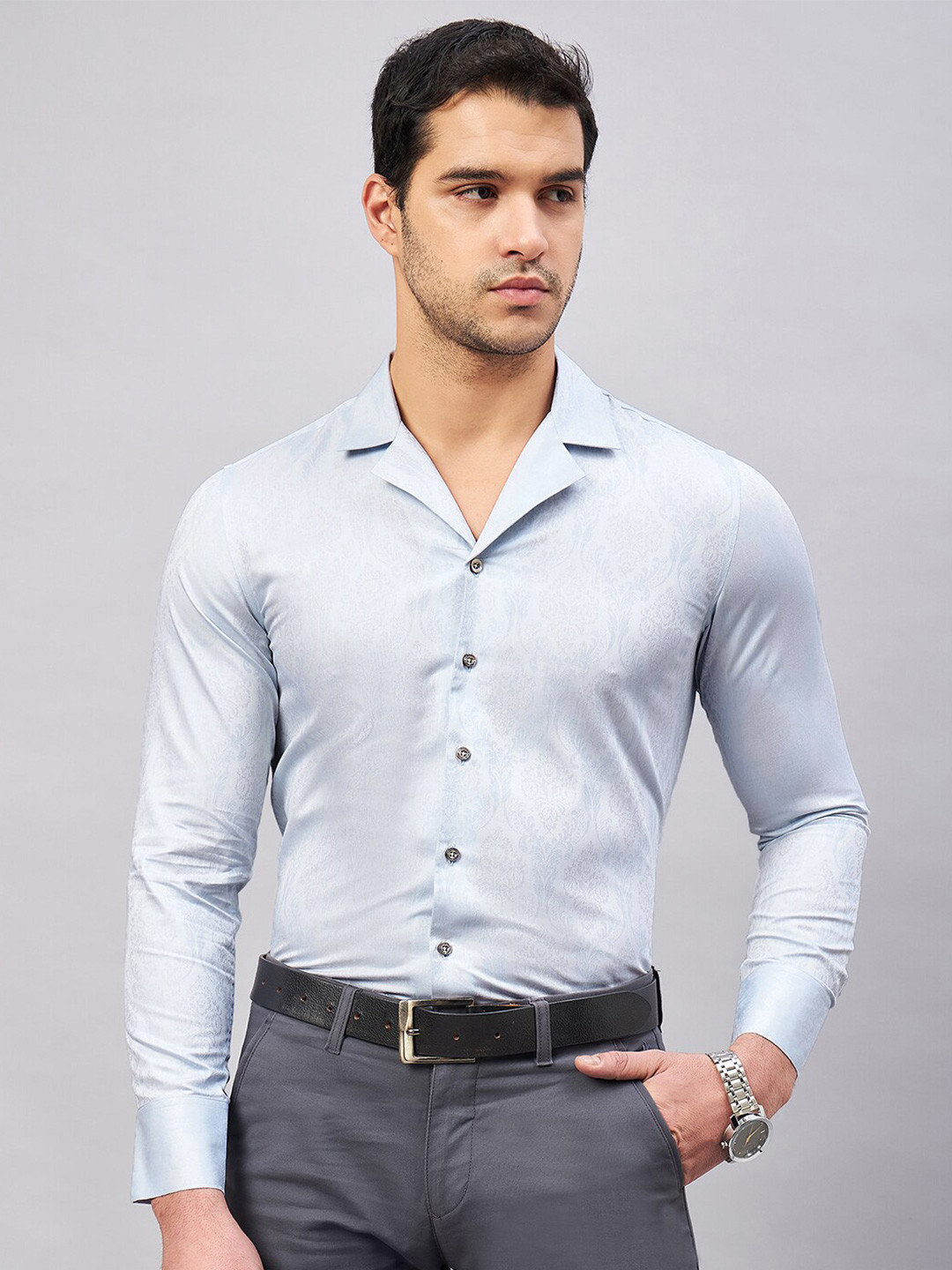 LOUIS STITCH Floral Printed Cuban Collar Cotton Formal Shirt