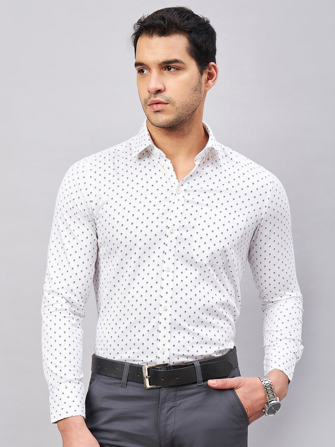 LOUIS STITCH spread collar long Sleeves Printed Formal Cotton Shirt