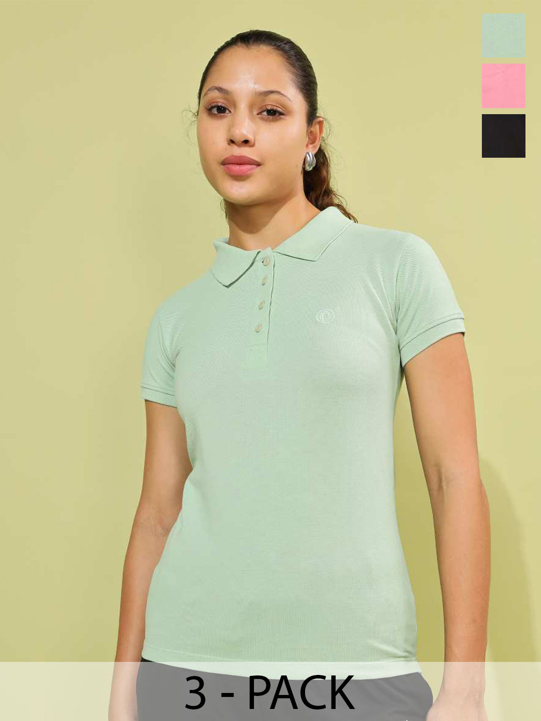 Dollar Women Pack of 3 Rich Cotton Super Soft Solid Collar Neck Polo Tshirt