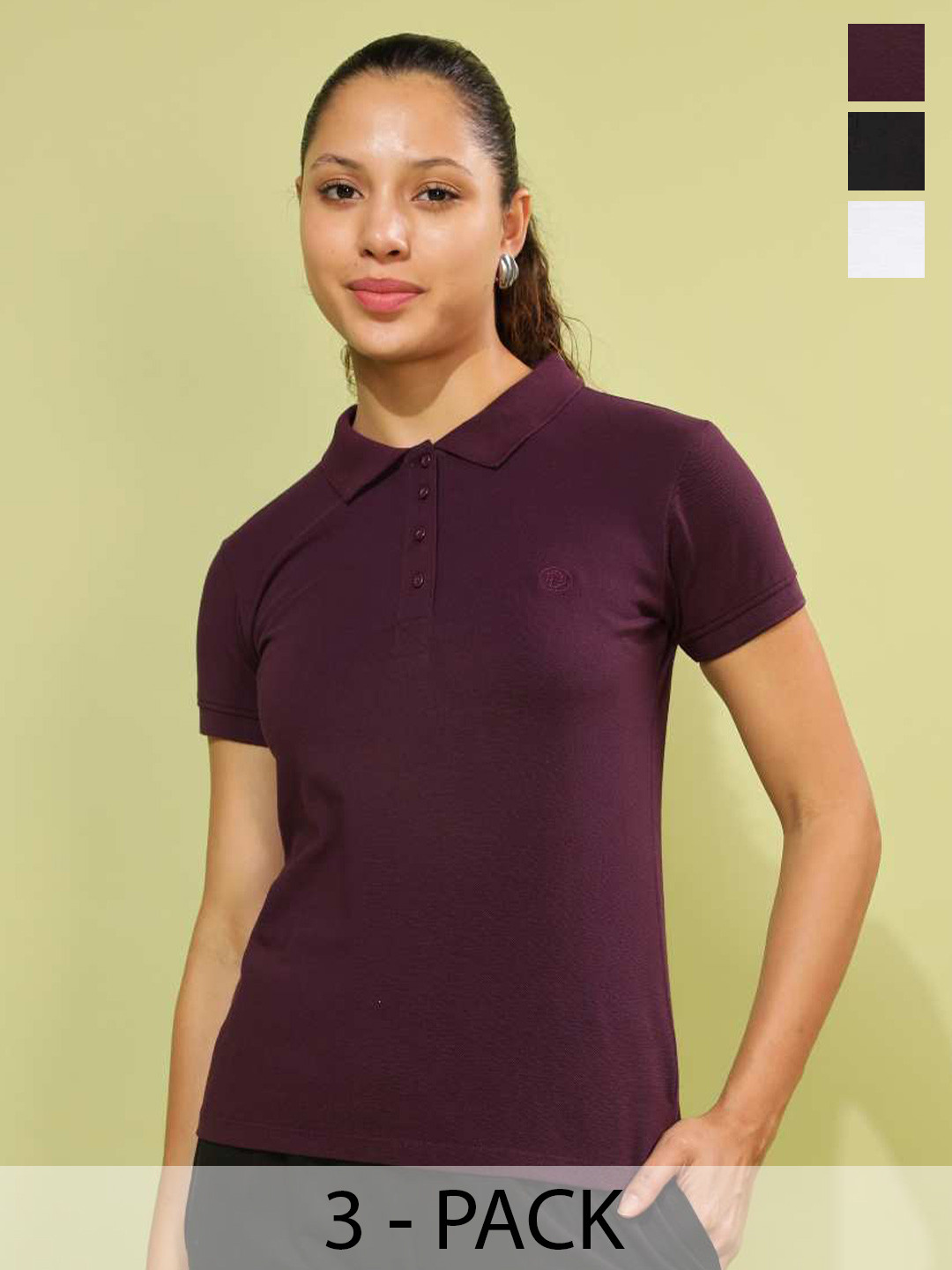 Dollar Women Pack of 3 Rich Cotton Super Soft Solid Collar Neck Polo Tshirt