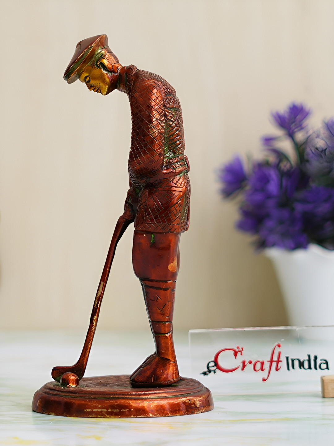 eCraftIndia Gentleman Golfer Taking Shot Brown Polyresin Matte Living Room Medium Showpiece - 8.1 Inches