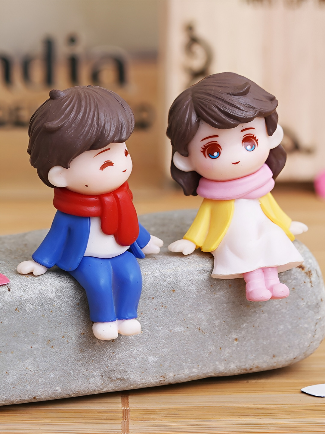 eCraftIndia Cute Boy and Girl Sitting Blue Polyresin Glossy Bedroom Set of 2 Medium Showpieces - 2.2 Inches