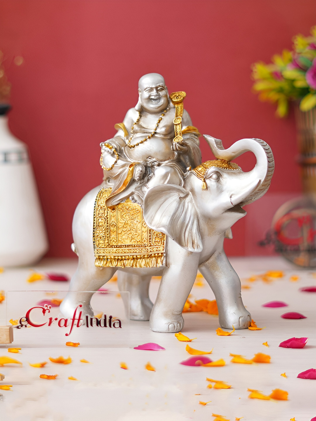 eCraftIndia Laughing Buddha Seating on Elephant Silver Polyresin Glossy Prayer Room Medium Showpiece - 7.3 Inches