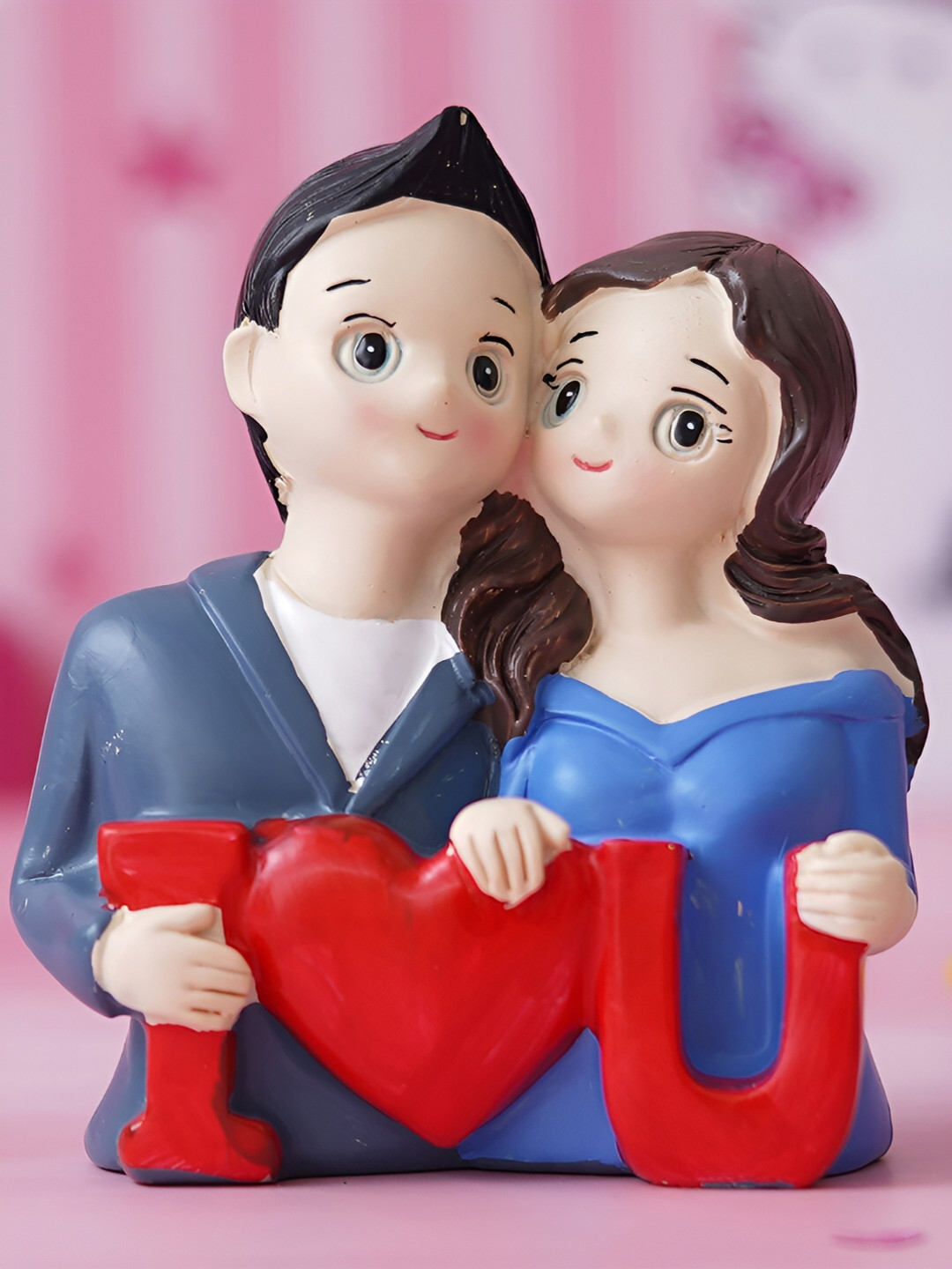 eCraftIndia I Love You Couple Blue Polyresin Matte Living Room Medium Showpiece - 3.9 Inches