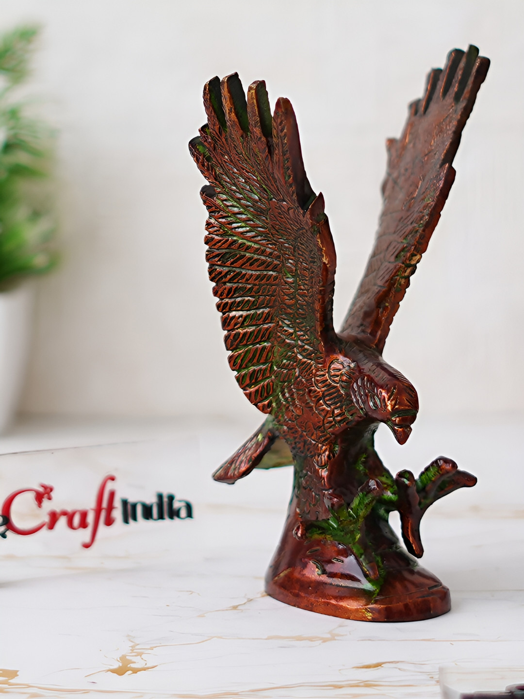 eCraftIndia Flying Eagle Brown Brass Metallic Living Room Medium Showpiece - 6.3 Inches