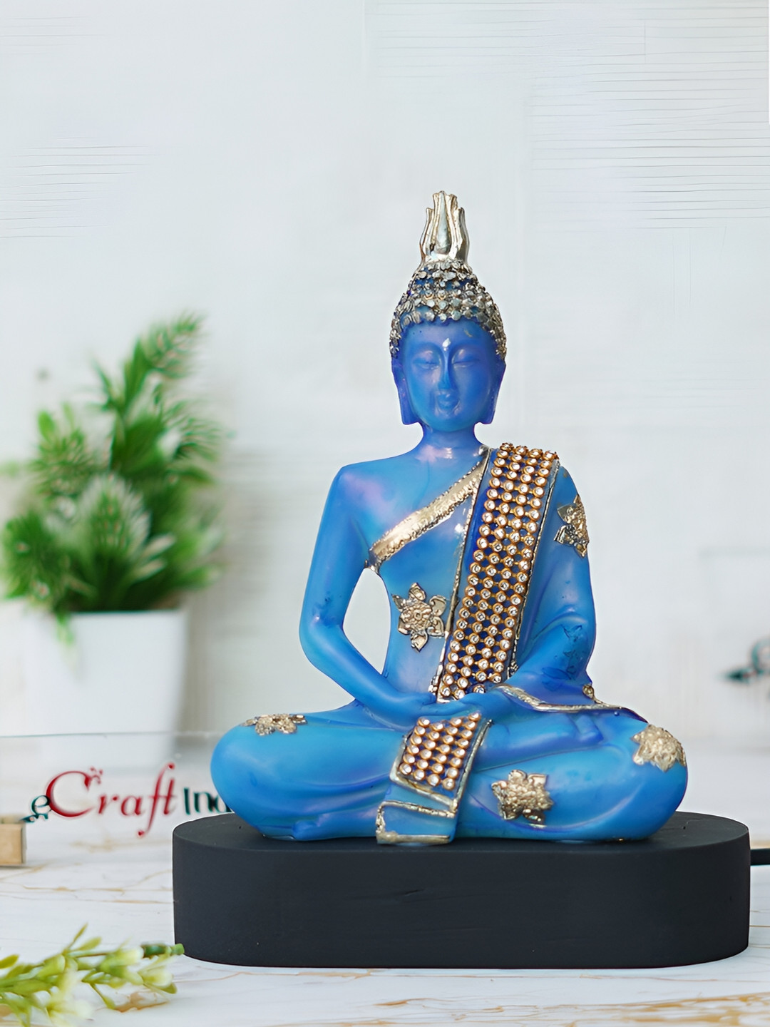 eCraftIndia Meditating Lord Buddha Blue Polyresin Matte Home Office Hand-Crafted Medium Showpiece - 7.9 Inches