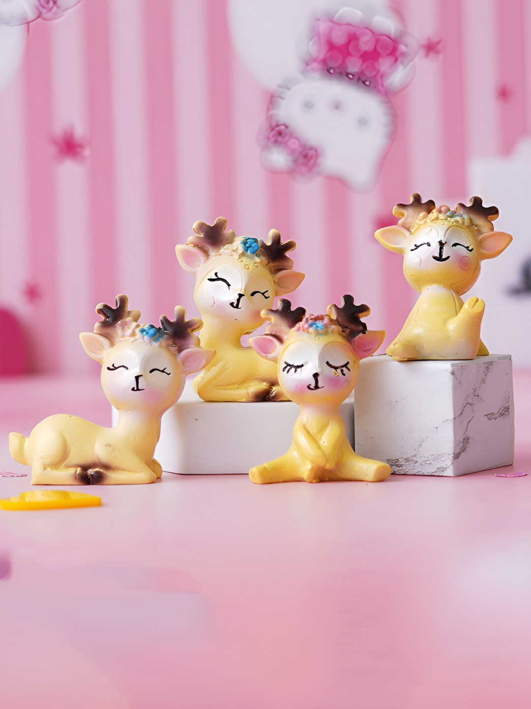 eCraftIndia Miniature Cute Deer Yellow Polyresin Glossy Living Room Set of 4 Medium Showpieces - 1.8 Inches