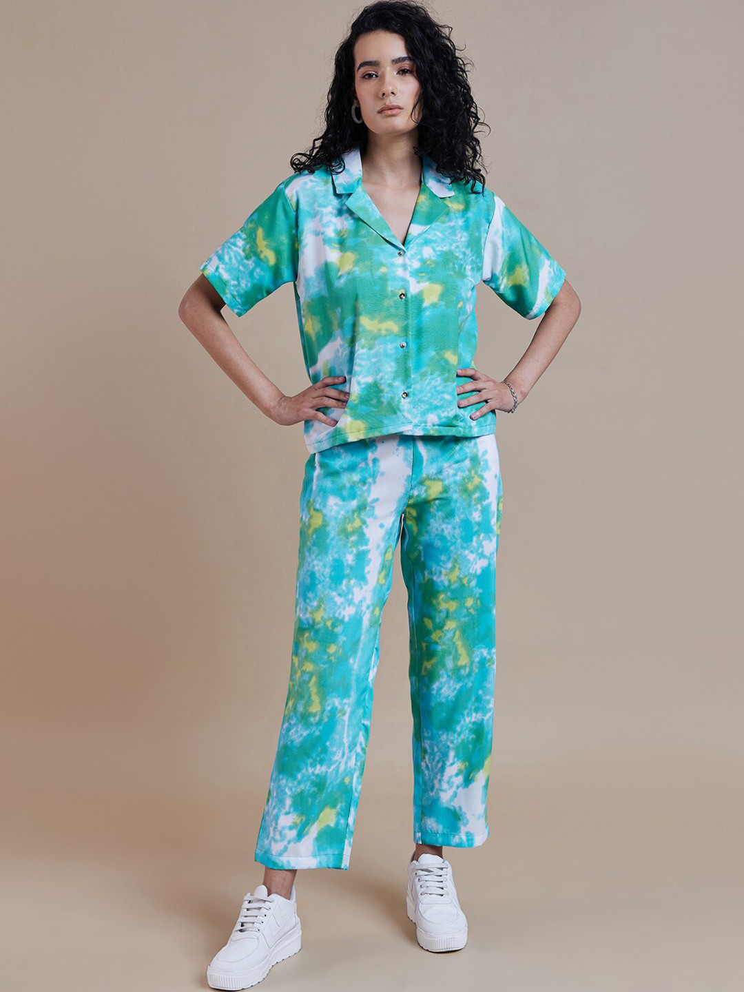 The Roadster Lifestyle Co. Turquoise Blue Tie and Dye Lapel Collar Shirt with Trousers