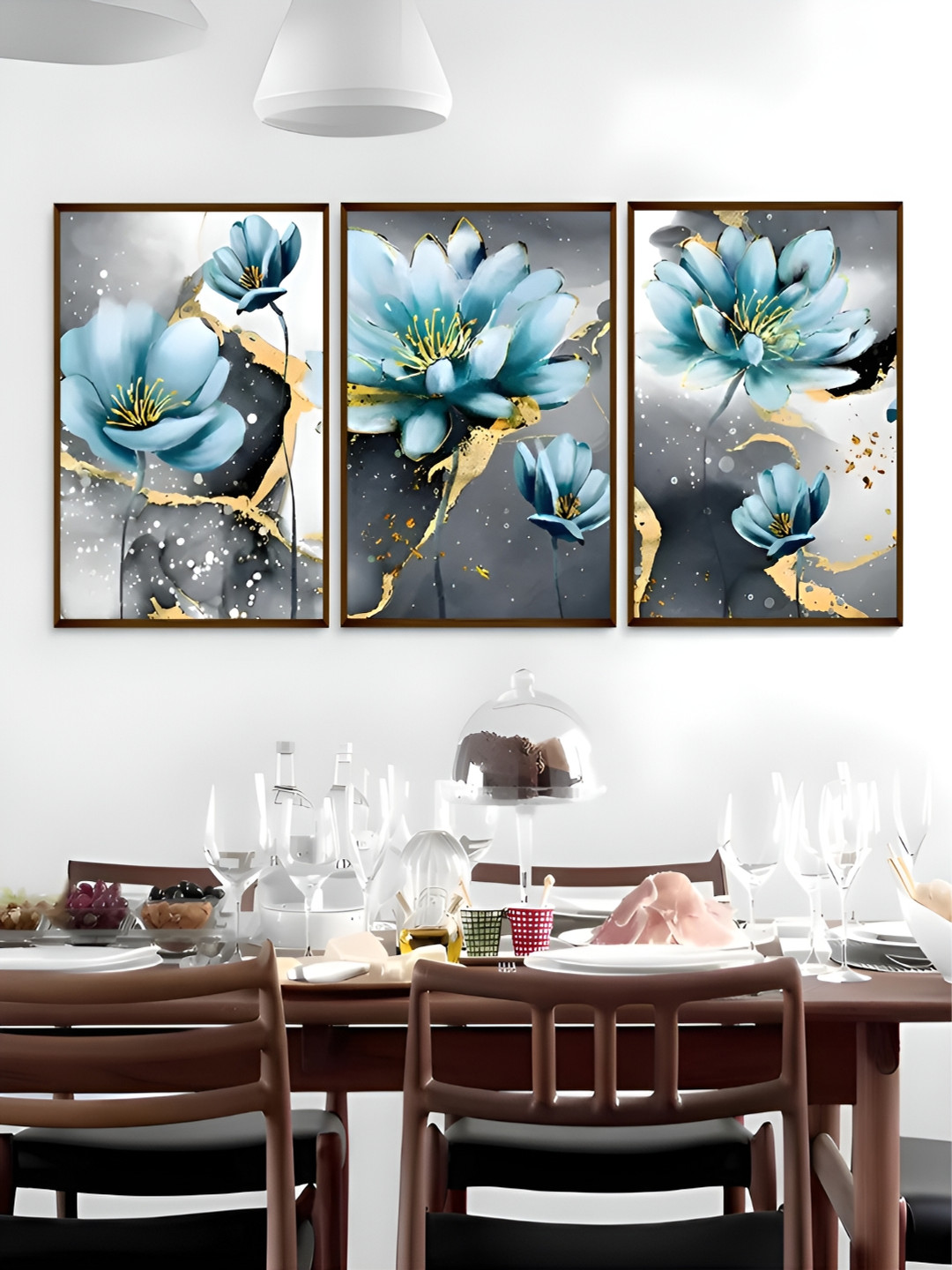 The Art House Blue & Grey 3 Pieces Floral and Botanical Wooden Wall Art