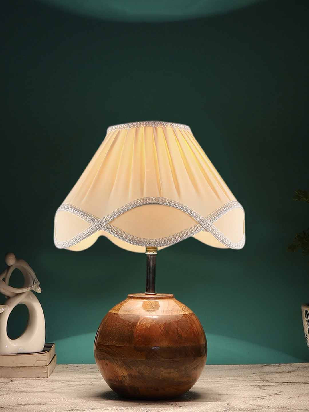Devansh Off White and Brown Vintage shade with round wooden matki natural Table Lamps