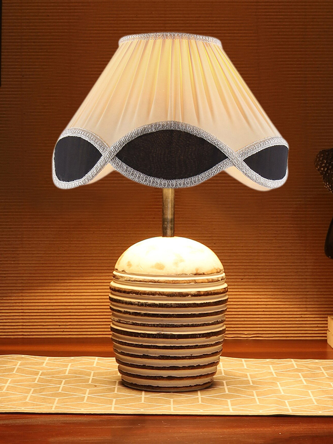 Devansh Off-White and Black Vintage shade with round wooden Brushed Table Lamps