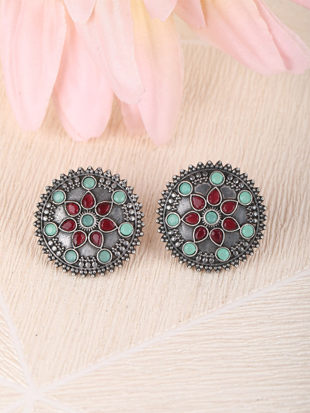Anouk Red Stone Studded Silver-Plated Classic Oxidised Studs Earrings