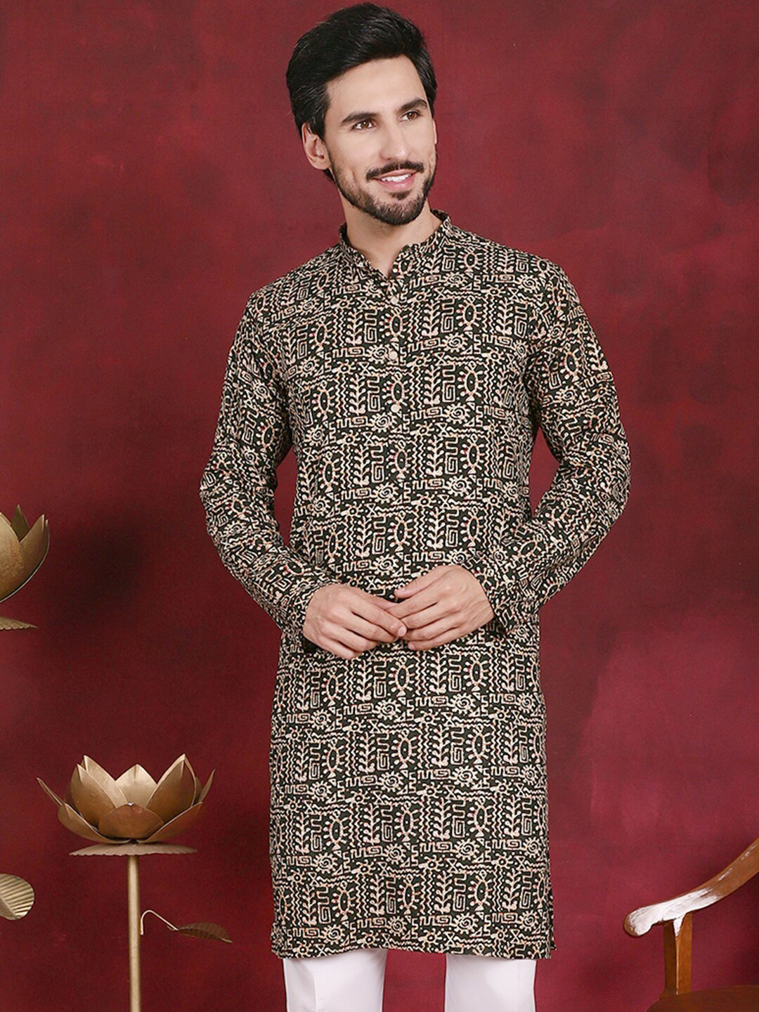 Jompers Ethnic Motifs Digital Printed Band Collar Kurta