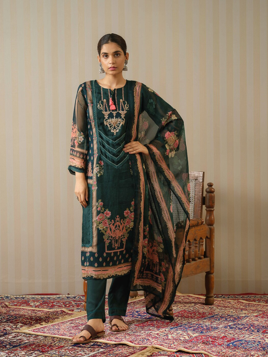 House of Pataudi  Yoke Design Printed Tie-Up Neck Straight Kurta With Trouser & Dupatta