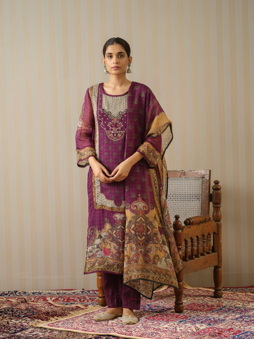 House of Pataudi Yoke Design Round Neck Straight Kurta Trousers With Dupatta