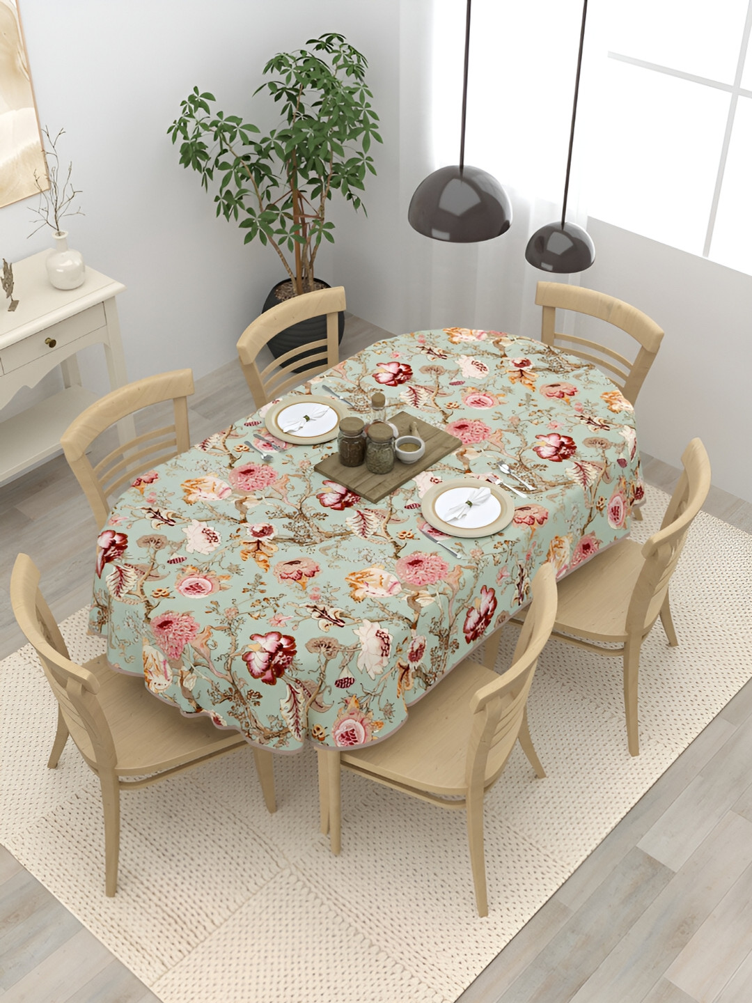 Clasiko Green Floral Cotton Oval 6-Seater Table Cover