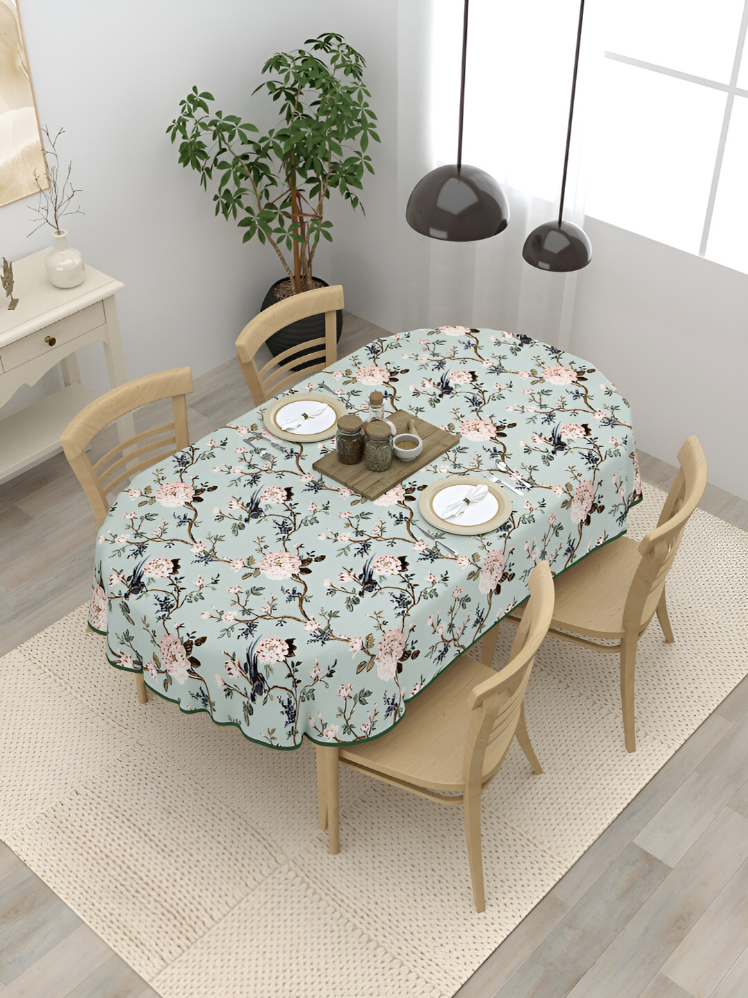 Clasiko Green & Peach 4-Seater Floral Cotton Oval Table Cover