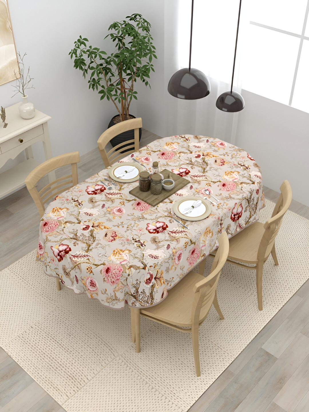 Clasiko Beige & Red 4-Seater Floral Cotton Oval Table Cover