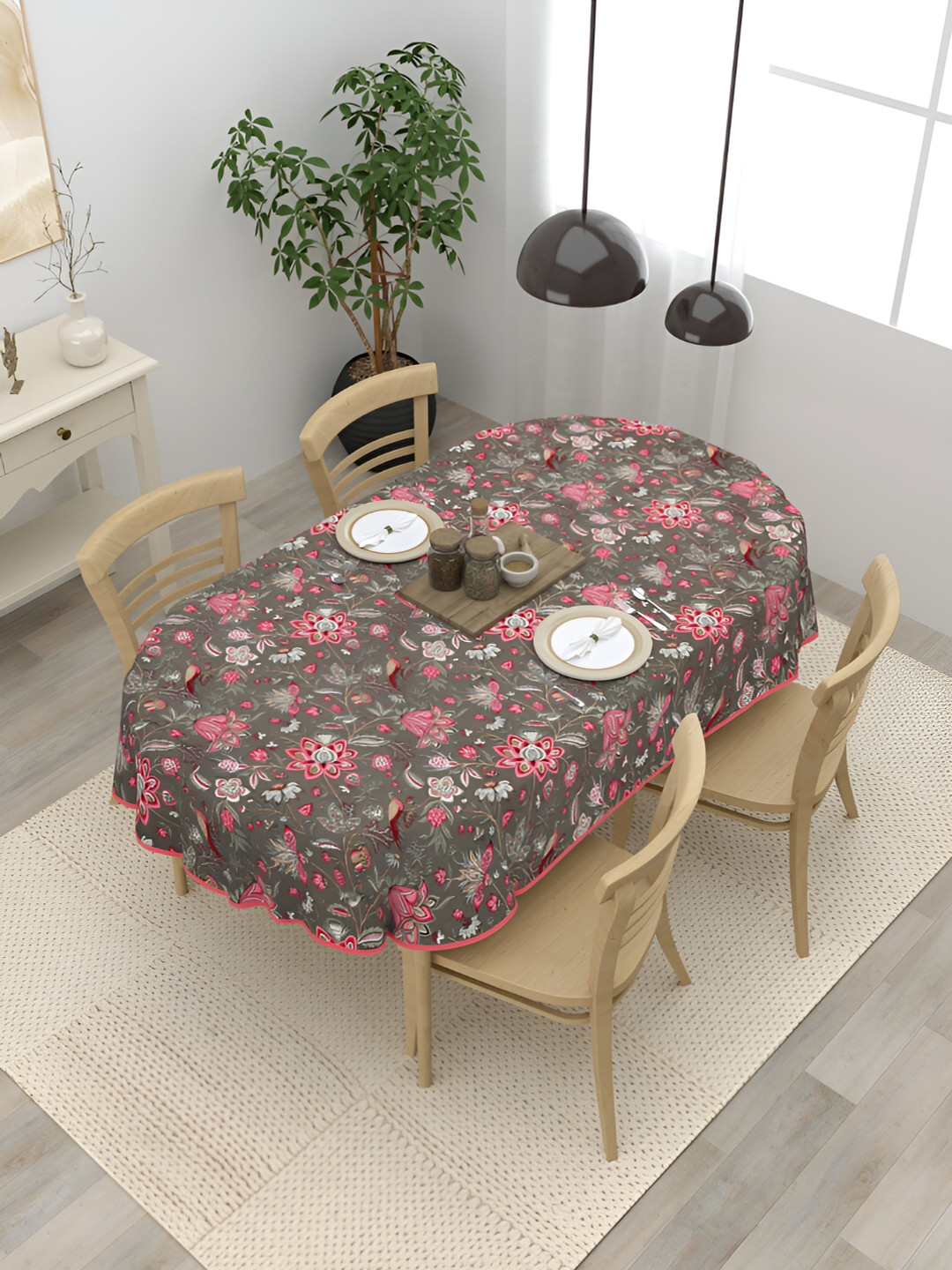 Clasiko Pink Floral Cotton Oval 4-Seater Table Cover