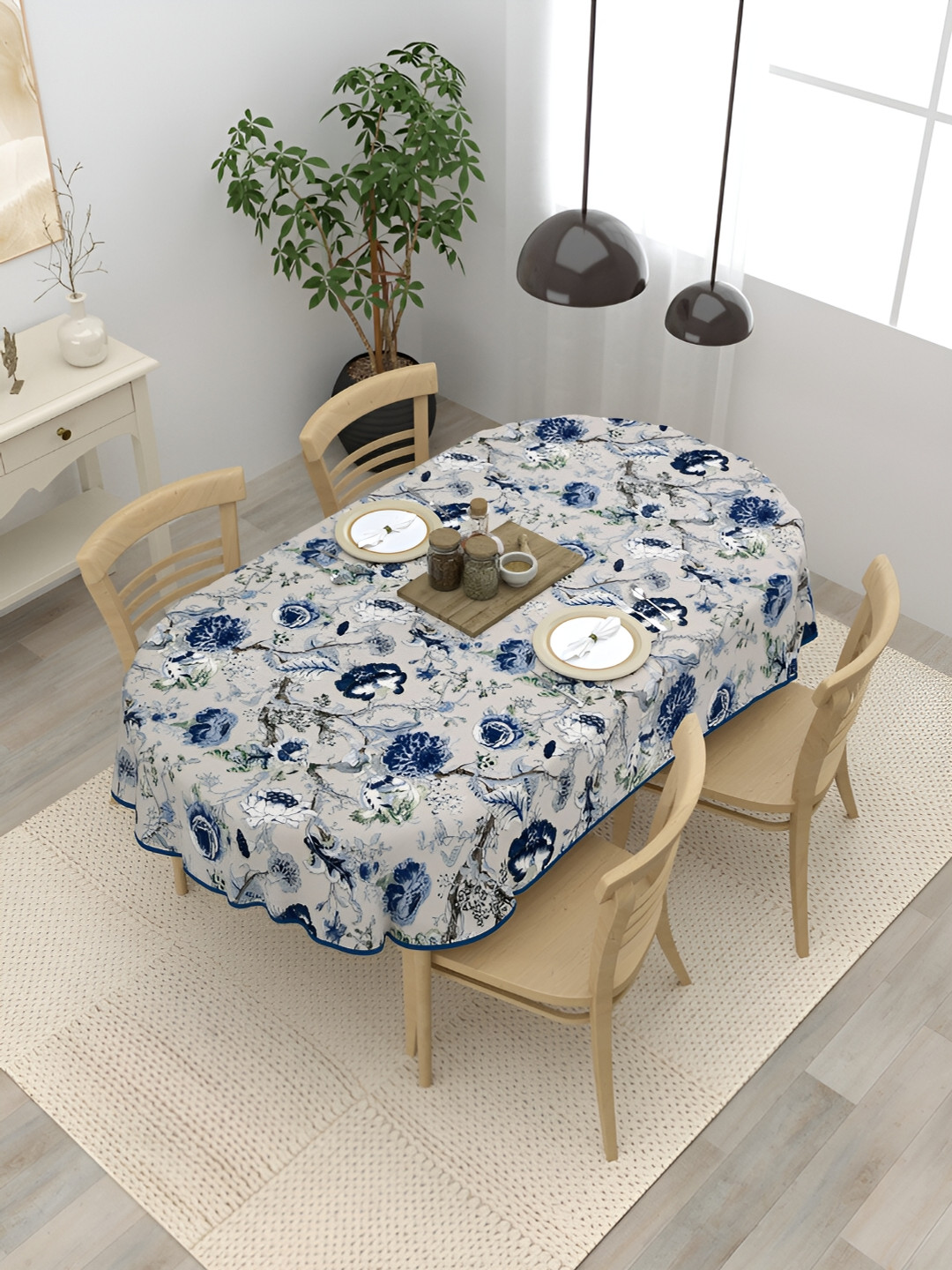 Clasiko Blue & Grey 4-Seater Floral Cotton Oval Table Cover
