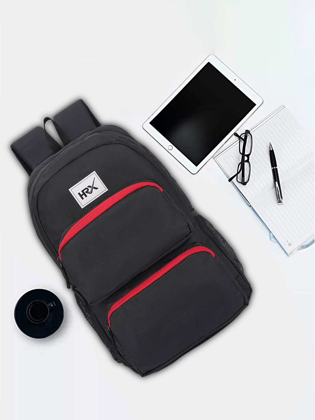 HRX by Hrithik Roshan Unisex Black & Red Brand Logo Backpack with Shoe Pocket