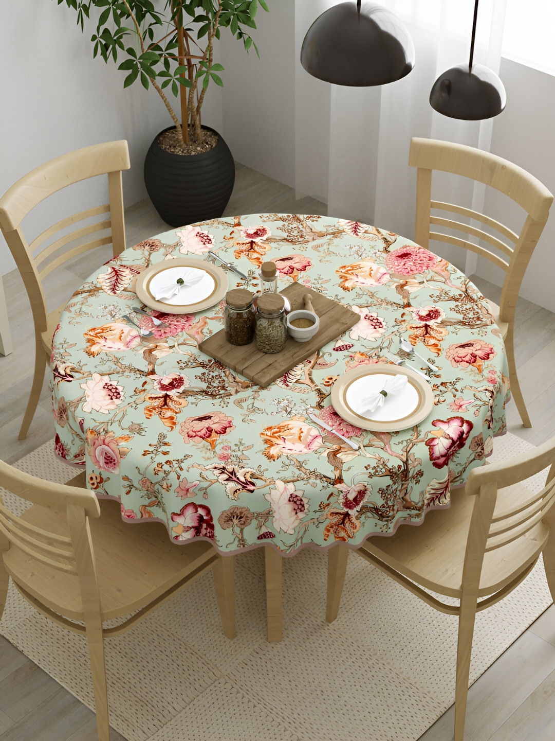 Clasiko Sea Green & Pink Floral Cotton Round 4-Seater Table Cover