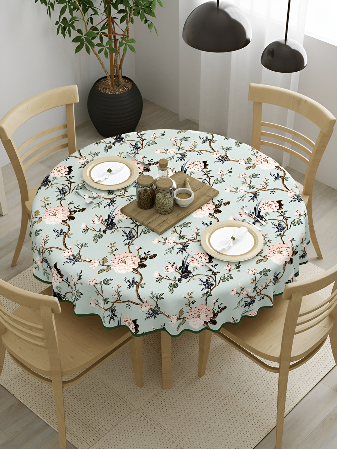 Clasiko Green & Peach Coloured Floral Cotton Round 4-Seater Table Cover