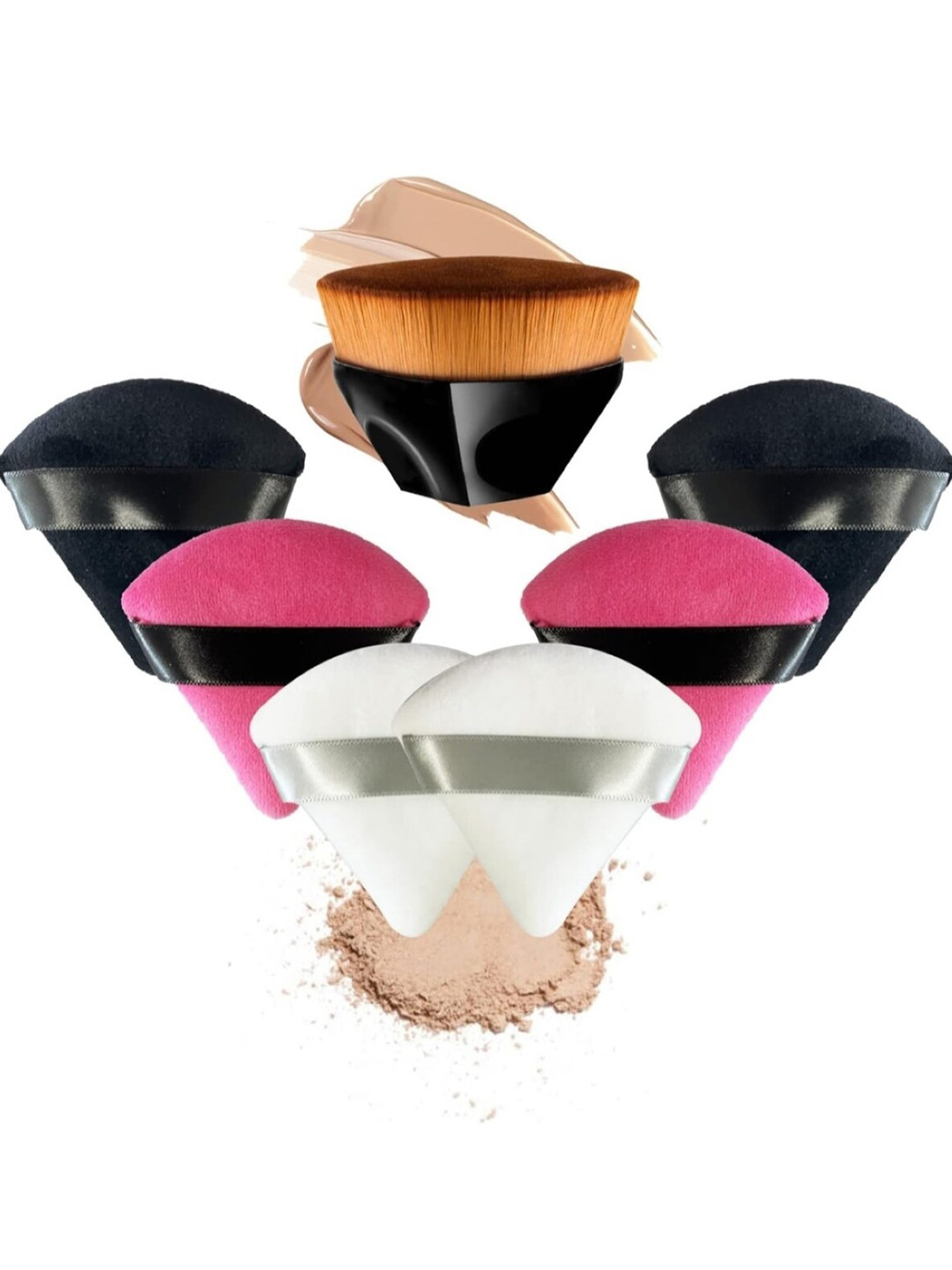 FEELHIGH Set Of 7 Triangle Velvet Powder Puff With Ribbon Band Handle & Foundation Brush