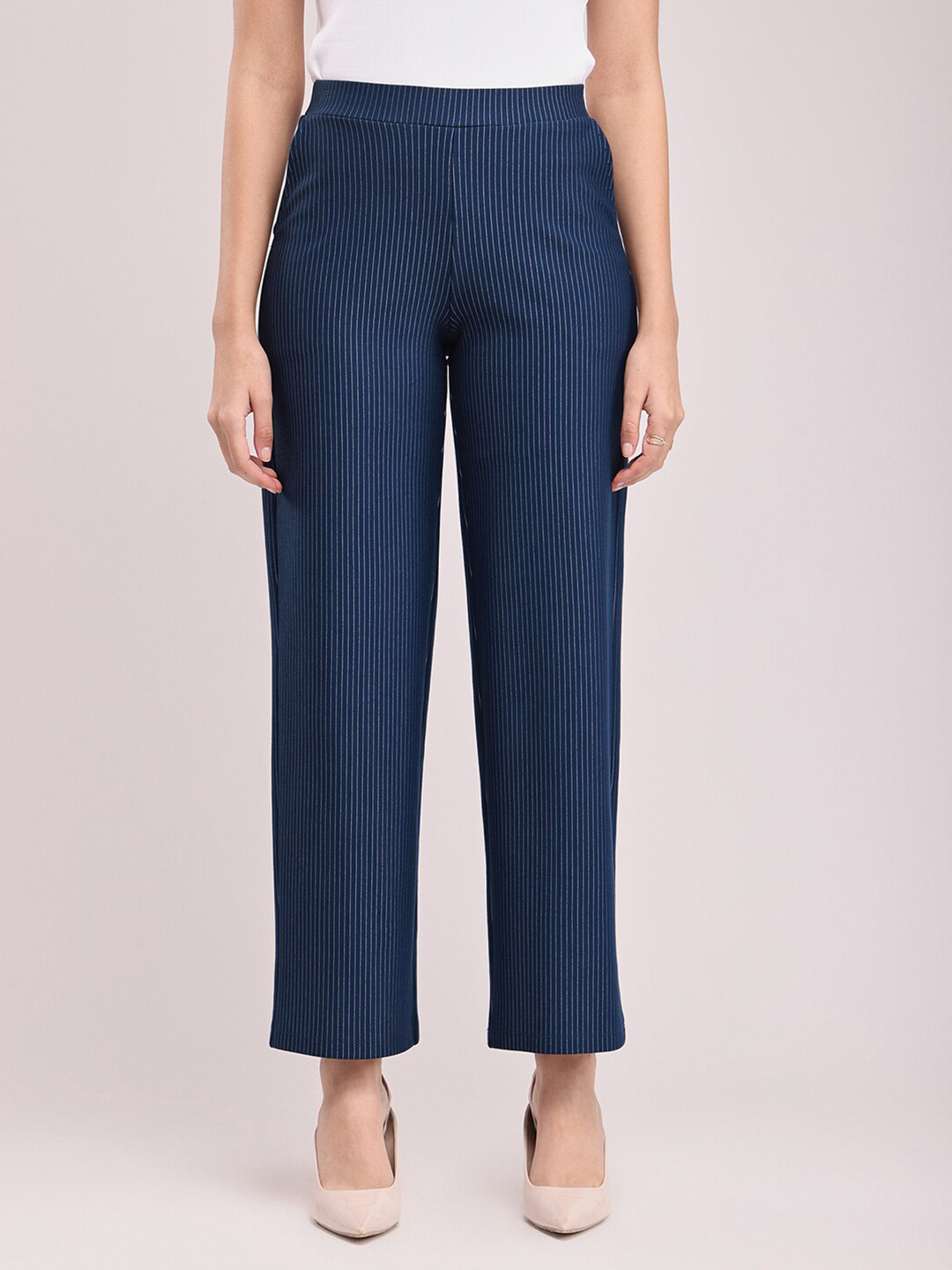 FableStreet Livin Striped Wide Leg Navy Blue Trousers