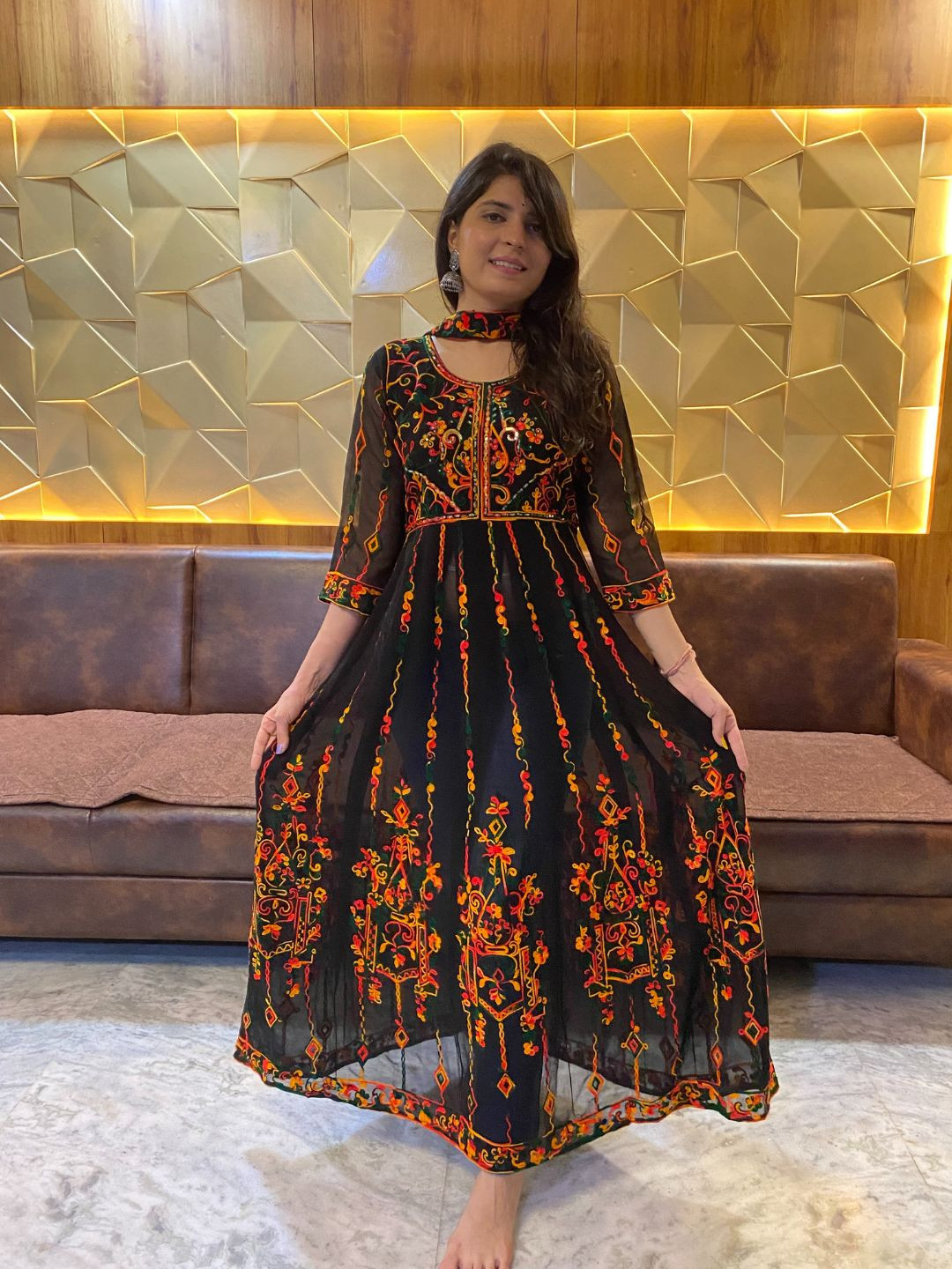 KALINI Women Black Tribal Flared Sleeves Georgette Anarkali Kurta
