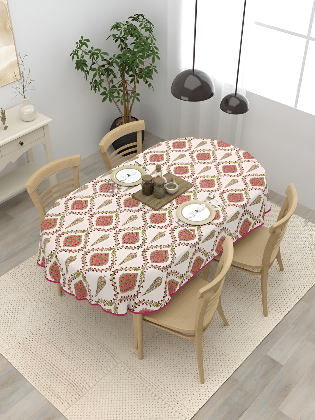 Clasiko Pink Floral Cotton Oval 4-Seater Table Cover