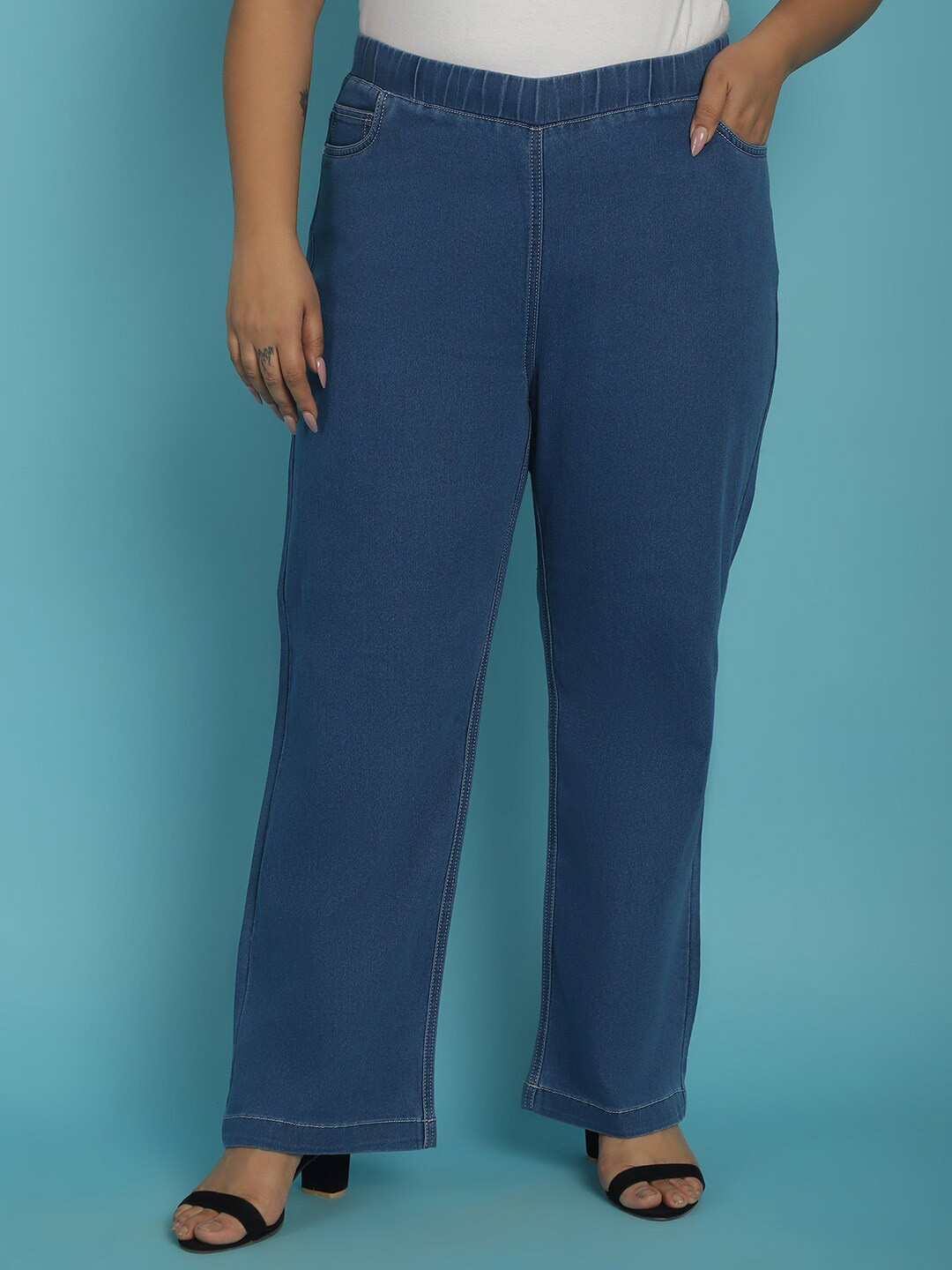 theRebelinme Plus Size Women Smart Straight Fit High-Rise Denim Trouser