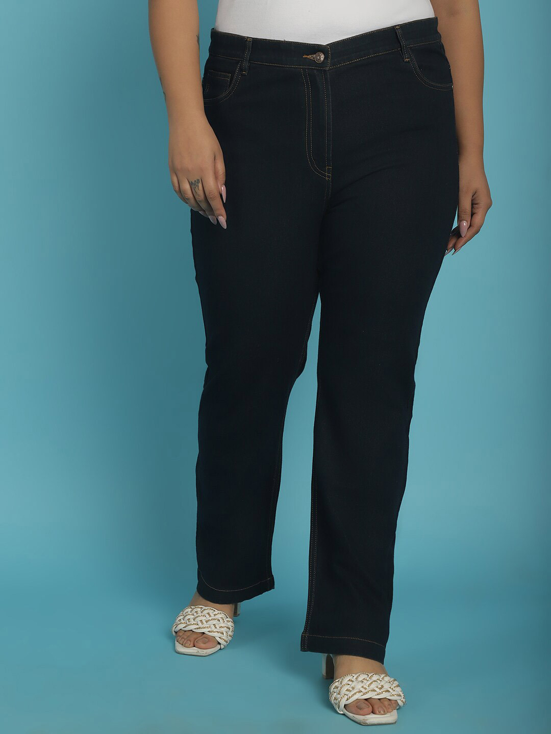 theRebelinme Plus Size Women Smart Straight Fit High-Rise Denim Trouser