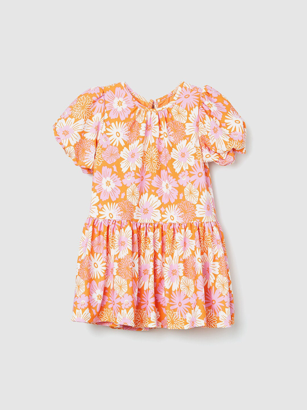 max Girls Round neck Floral Print Puff Sleeve Drop-Waist Dress