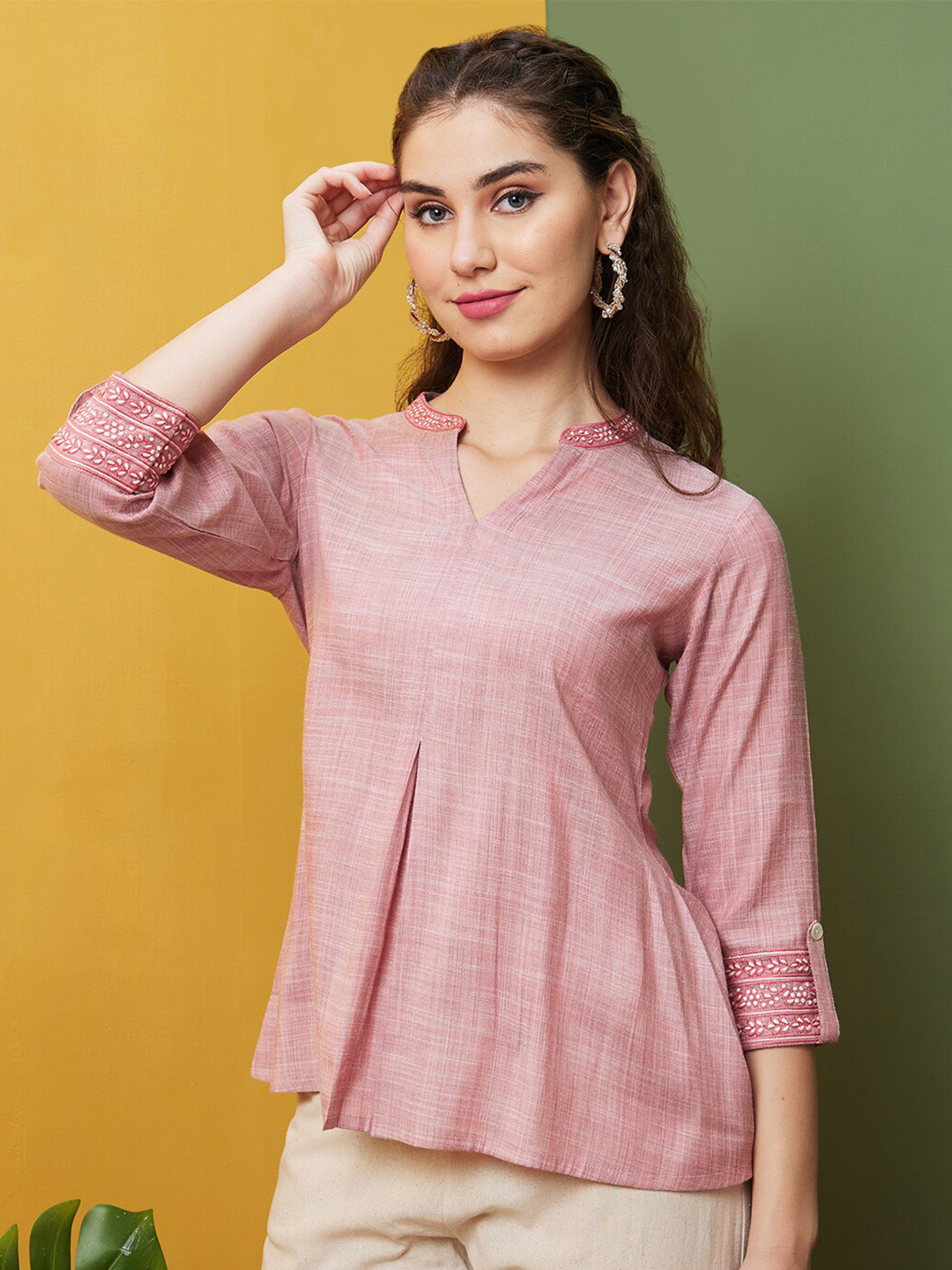 Globus Embroidered Mandarin Collar Flared Hem Fusion A-Line Tunic